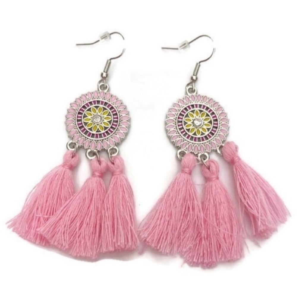 Pink Round Tassel Drop Earrings Rhinestone & Silver‑Tone Hardware NWOT